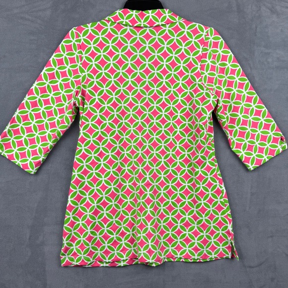 Katherine Way Tunic Top Women's Medium Pink Green Geo Print 3/4 Sleeve USA Made - Picture 8 of 8